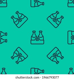 Blue line Champagne bottle icon isolated seamless pattern on green background. Merry Christmas and Happy New Year.  Vector