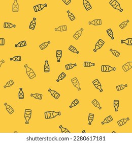 Blue line Champagne bottle icon isolated seamless pattern on yellow background. Merry Christmas and Happy New Year.  Vector