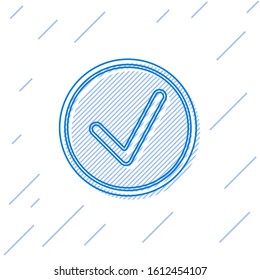 Blue line Check mark in circle icon isolated on white background. Choice button sign. Checkmark symbol.  Vector Illustration