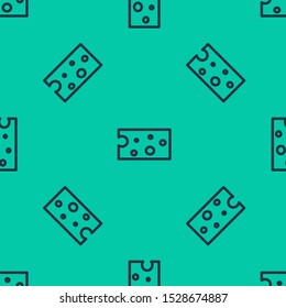 Blue line Cheese icon isolated seamless pattern on green background.  Vector Illustration