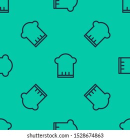 Blue line Chef hat icon isolated seamless pattern on green background. Cooking symbol. Cooks hat.  Vector Illustration