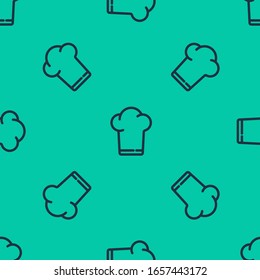 Blue line Chef hat icon isolated seamless pattern on green background. Cooking symbol. Cooks hat.  Vector Illustration