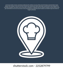 Blue line Chef hat with location icon isolated on blue background. Cooking symbol. Cooks hat.  Vector