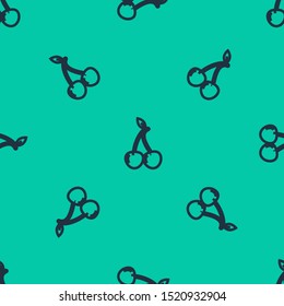 Blue line Cherry icon isolated seamless pattern on green background. Fruit with leaf symbol.  Vector Illustration