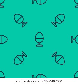 Blue line Chicken egg on a stand icon isolated seamless pattern on green background.  Vector Illustration