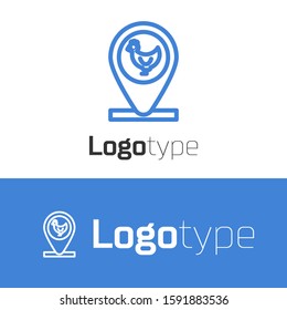 Blue line Chicken farm and location icon isolated on white background. Logo design template element. Vector Illustration