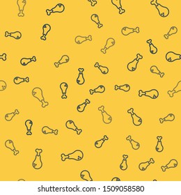 Blue line Chicken leg icon isolated seamless pattern on yellow background. Chicken drumstick.  Vector Illustration