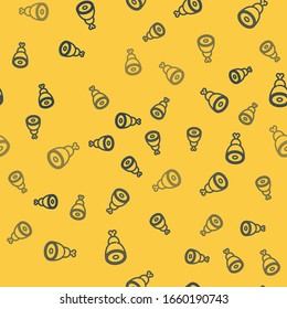 Blue line Chicken leg icon isolated seamless pattern on yellow background. Chicken drumstick.  Vector Illustration