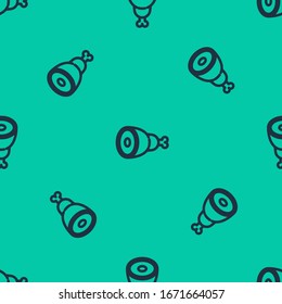 Blue line Chicken leg icon isolated seamless pattern on green background. Chicken drumstick.  Vector Illustration