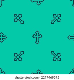 Blue line Christian cross icon isolated seamless pattern on green background. Church cross.  Vector