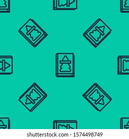 Blue line Christmas book cover or flyer template icon isolated seamless pattern on green background. Merry Christmas and Happy New Year.  Vector Illustration