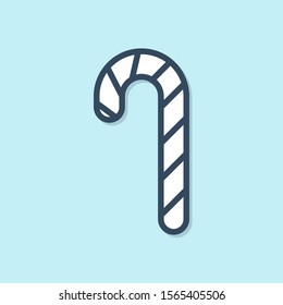 Blue line Christmas candy cane with stripes icon isolated on blue background. Merry Christmas and Happy New Year.  Vector Illustration