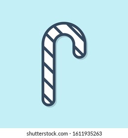 Blue line Christmas candy cane with stripes icon isolated on blue background. Merry Christmas and Happy New Year.  Vector Illustration