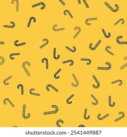 Blue line Christmas candy cane with stripes icon isolated seamless pattern on yellow background. Merry Christmas and Happy New Year.  Vector