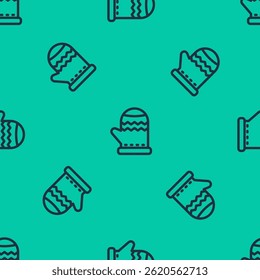 Blue line Christmas mitten icon isolated seamless pattern on green background. Merry Christmas and Happy New Year.  Vector