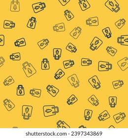 Blue line Christmas paper shopping bag icon isolated seamless pattern on yellow background. Package sign. Merry Christmas and Happy New Year.  Vector