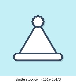Blue line Christmas Santa Claus hat icon isolated on blue background. Merry Christmas and Happy New Year.  Vector Illustration