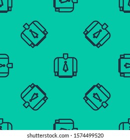 Blue line Christmas sweater with norwegian ornaments and holidays decorations icon isolated seamless pattern on green background. Knitted winter jumper.  Vector Illustration