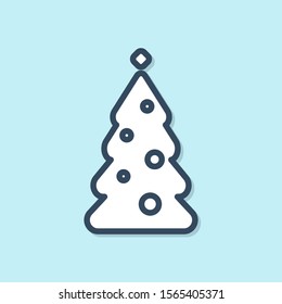 Blue line Christmas tree with decorations icon isolated on blue background. Merry Christmas and Happy New Year.  Vector Illustration