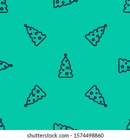 Blue line Christmas tree with decorations icon isolated seamless pattern on green background. Merry Christmas and Happy New Year.  Vector Illustration