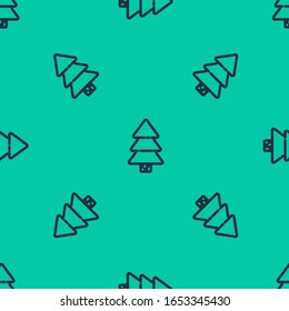 Blue line Christmas tree icon isolated seamless pattern on green background. Merry Christmas and Happy New Year.  Vector Illustration