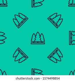 Blue line Christmas trees icon isolated seamless pattern on green background. Merry Christmas and Happy New Year.  Vector Illustration