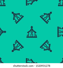 Blue line Church building icon isolated seamless pattern on green background. Christian Church. Religion of church.  Vector Illustration