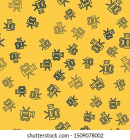 Blue line Cinema camera icon isolated seamless pattern on yellow background. Video camera. Movie sign. Film projector.  Vector Illustration