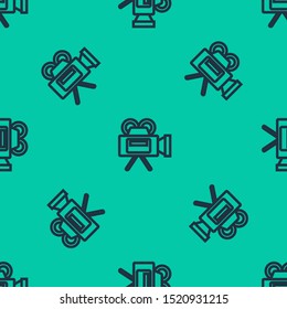 Blue line Cinema camera icon isolated seamless pattern on green background. Video camera. Movie sign. Film projector.  Vector Illustration
