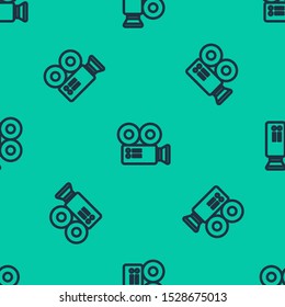 Blue line Cinema camera icon isolated seamless pattern on green background. Video camera. Movie sign. Film projector.  Vector Illustration