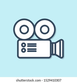 Blue line Cinema camera icon isolated on blue background. Video camera. Movie sign. Film projector.  Vector Illustration