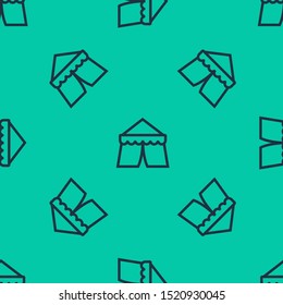 Blue line Circus tent icon isolated seamless pattern on green background. Carnival camping tent. Amusement park.  Vector Illustration