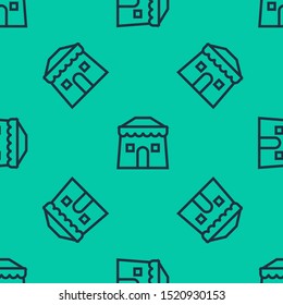 Blue line Circus tent icon isolated seamless pattern on green background. Carnival camping tent. Amusement park.  Vector Illustration