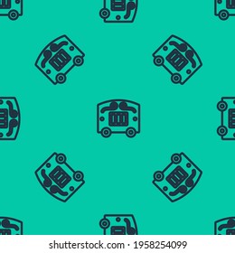 Blue line Circus wagon icon isolated seamless pattern on green background. Circus trailer, wagon wheel.  Vector