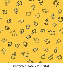 Blue line Clamp and screw tool icon isolated seamless pattern on yellow background. Locksmith tool.  Vector