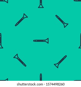 Blue line Clarinet icon isolated seamless pattern on green background. Musical instrument.  Vector Illustration