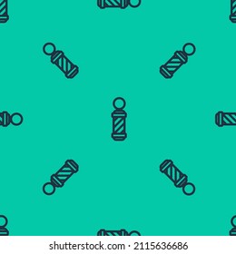 Blue line Classic Barber shop pole icon isolated seamless pattern on green background. Barbershop pole symbol.  Vector