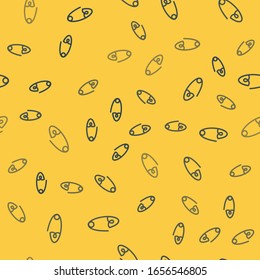 Blue line Classic closed steel safety pin icon isolated seamless pattern on yellow background.  Vector Illustration