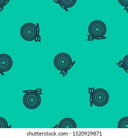 Blue line Classic dart board and arrow icon isolated seamless pattern on green background. Dartboard sign. Game concept.  Vector Illustration
