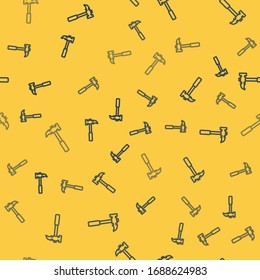 Blue line Claw hammer icon isolated seamless pattern on yellow background. Carpenter hammer. Tool for repair.  Vector Illustration