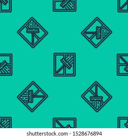 Blue line Cleaning service with of rubber cleaner for windows icon isolated seamless pattern on green background. Squeegee, scraper, wiper.  Vector Illustration