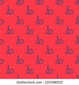 Blue line Cleaning time icon isolated seamless pattern on red background. Sanitary service, house hygiene.  Vector