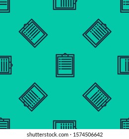 Blue line Clipboard with checklist icon isolated seamless pattern on green background.  Vector Illustration