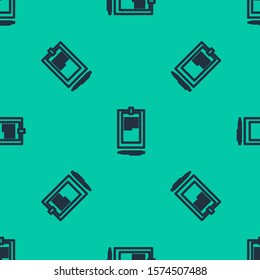 Blue line Clipboard with document icon isolated seamless pattern on green background.  Vector Illustration