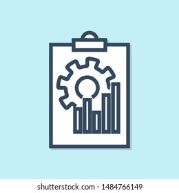 Blue line Clipboard with graph chart icon isolated on blue background. Report text file icon. Accounting sign. Audit, analysis, planning.  Vector Illustration