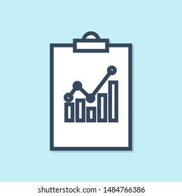Blue line Clipboard with graph chart icon isolated on blue background. Report text file icon. Accounting sign. Audit, analysis, planning.  Vector Illustration