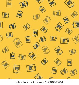 Blue line Clipboard with graph chart icon isolated seamless pattern on yellow background. Report text file icon. Accounting sign. Audit, analysis, planning.  Vector Illustration