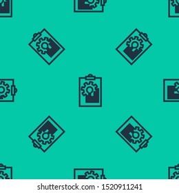 Blue line Clipboard with graph chart icon isolated seamless pattern on green background. Report text file icon. Accounting sign. Audit, analysis, planning.  Vector Illustration