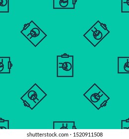 Blue line Clipboard with graph chart icon isolated seamless pattern on green background. Report text file icon. Accounting sign. Audit, analysis, planning.  Vector Illustration
