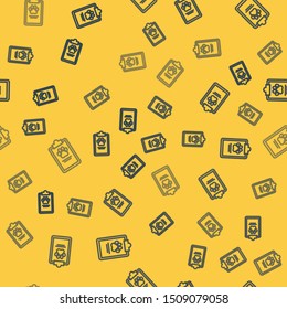 Blue line Clipboard with medical clinical record pet icon isolated seamless pattern on yellow background. Health insurance form. Medical check marks report.  Vector Illustration